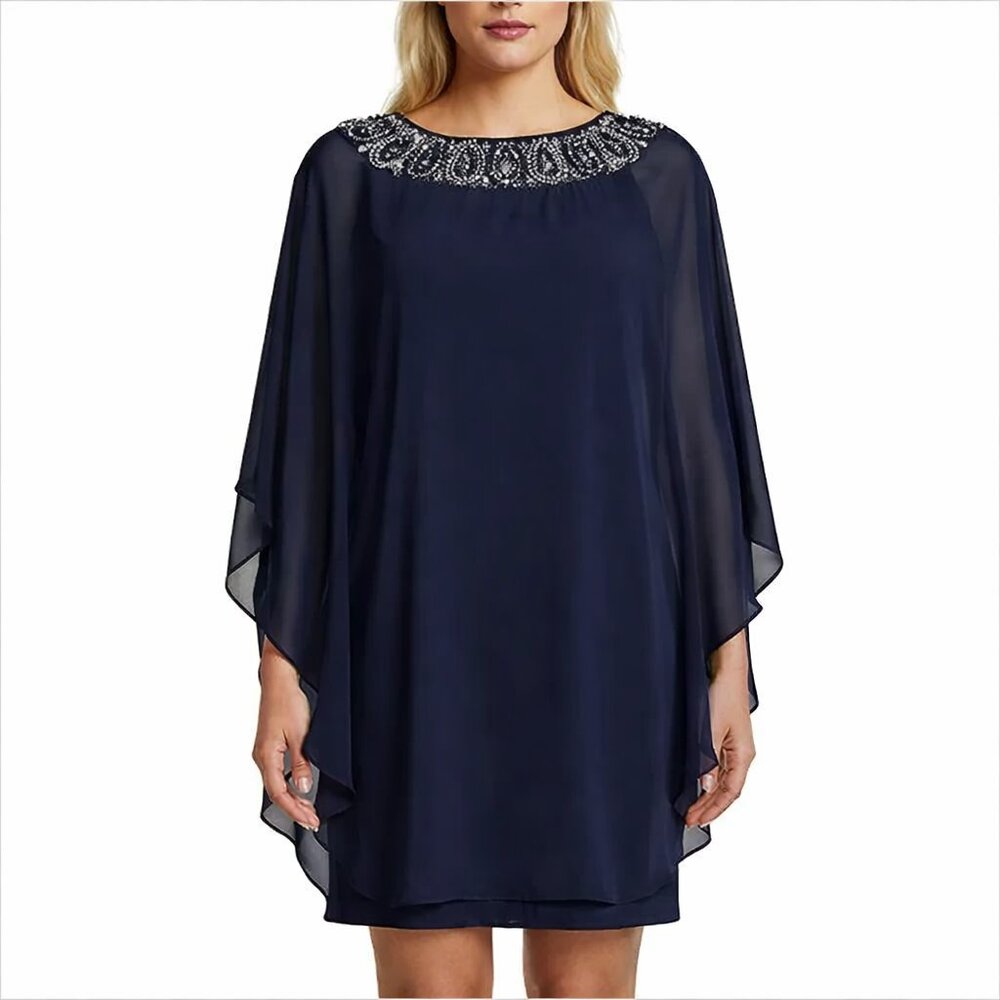 XSCAPE Navy Beaded Cape Dress 14 Wedding Guest Mother of Bride Formal